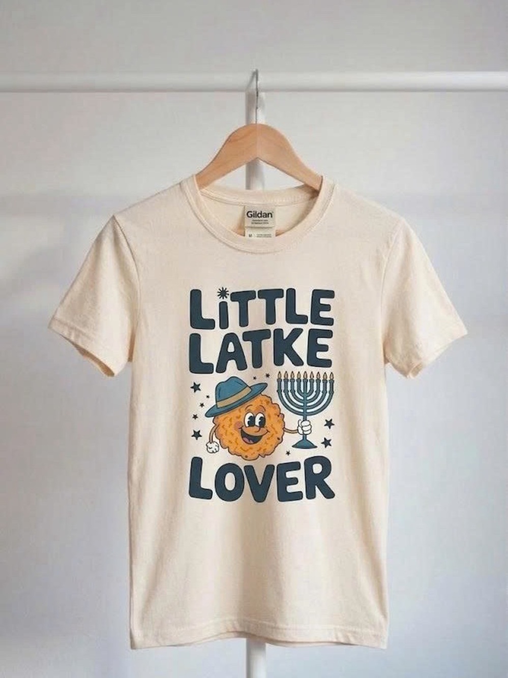 Retro Little Latke Lover T-Shirt Cute Hanukkah Graphic Tee Menorah Natural Cream